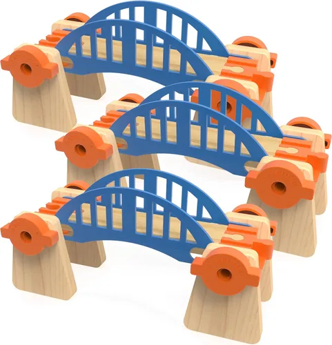 Miniatura 2 de Accesorios de madera para vías de tren Build & Play, 90 piezas de juguetes STEM de ferrocarril elevados, paquete de expansión de pistas ascendentes