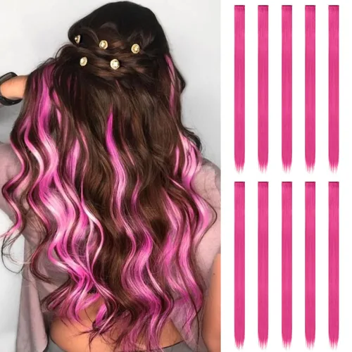 Miniatura 21 de FESHFEN Extensiones de cabello con clip de colores, 16 piezas de 8 colores resaltados, piezas de cabello sintético lacio con clip para mujer, 22