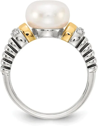 Miniatura 2 de Anillo de plata de ley 925 maciza con diamantes de oro amarillo de 14 k y perlas cultivadas de agua dulce (.03 cttw.)