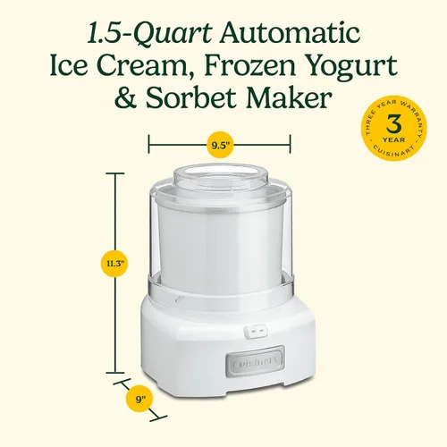 Miniatura 7 de Máquina para hacer helado Cuisinart, máquina de 1.5 cuartos con doble aislamiento, para sorbete y yogur helado, lista en 20 minutos, ICE-21P1, blanca