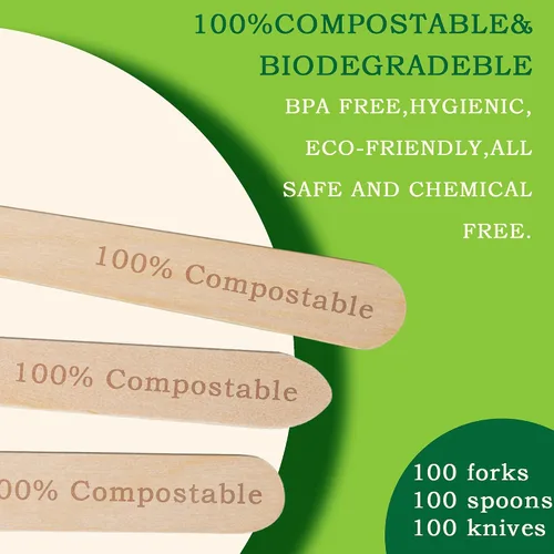Miniatura 2 de Tenedores de madera desechables, paquete de 100 unidades, 6.5 pulgadas de longitud, biodegradables, utensilios de madera natural, ideales