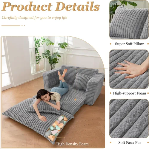 Miniatura 4 de YOSHOOT Sofá Cama de Dos Plazas, Sofá Cama Convertible Sillón Futón para Sala de Estar, Sofá de Piso Extraíble 3 en 1 con Cojín y Almohadas, Gris