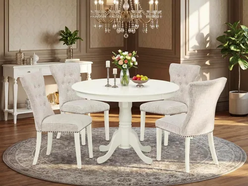 Miniatura 2 de East West Furniture HLGA3-LWH-35 - Juego de mesa de comedor de 3 piezas contiene una mesa de cocina redonda con pedestal y 2 sillas de comedor