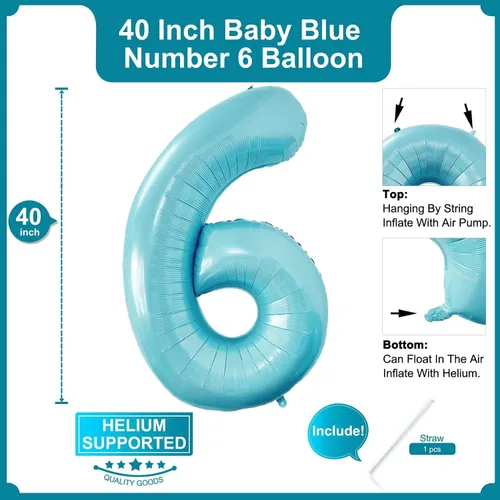 Miniatura 2 de Globos de 40 pulgadas color azul bebé número 6 de gran tamaño Jumbo dígitos de aluminio Mylar helio azul claro globos para niños 6º tema azul