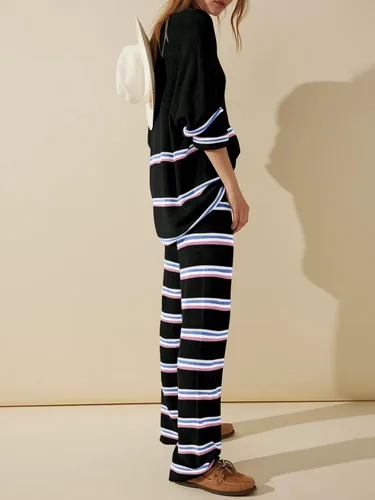 Miniatura 2 de Saodimallsu Conjunto de 2 piezas para mujer, suéter a rayas, de gran tamaño, de moda, para otoño, conjuntos de descanso