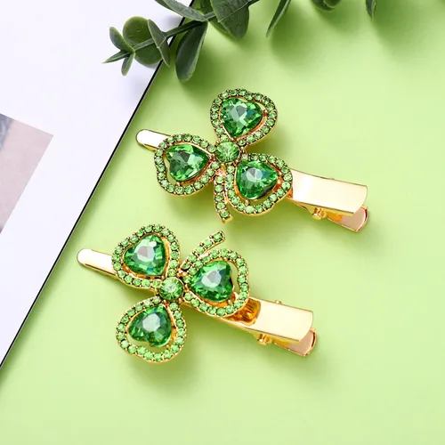 Miniatura 4 de Pinzas para el cabello para el día de San Patricio, trébol de diamantes de imitación, clip de metal, divertido trébol irlandés, horquillas de trébol