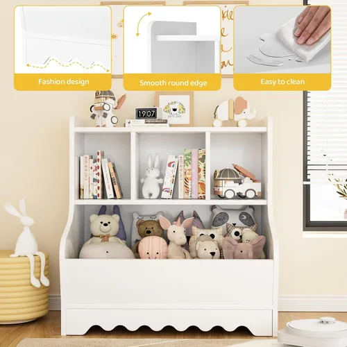 Miniatura 4 de Marcytop Organizador de almacenamiento de juguetes para niños, estante de madera con 4 cubículos para niños, estantería para bebés