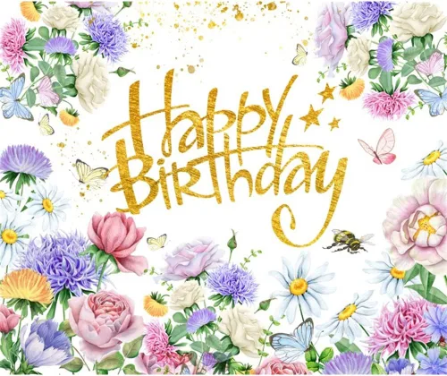 Miniatura 6 de Renaiss Telón de fondo de cumpleaños de flores silvestres de 7 x 5 pies, flores de jardín de primavera, fondo de fotografía de cumpleaños, acuarela