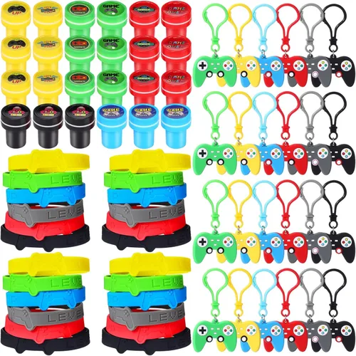 Skylety Juego de 72 piezas de recuerdos de fiesta de videojuegos, pulseras de goma, sellos de videojuegos, llavero de langosta acrílico, suministros