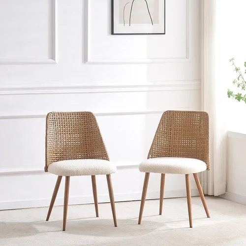 Miniatura 6 de Juego de 4 sillas de comedor de ratán, sillas modernas tapizadas de bouclé para cocina con respaldo de caña de PE y patas de metal