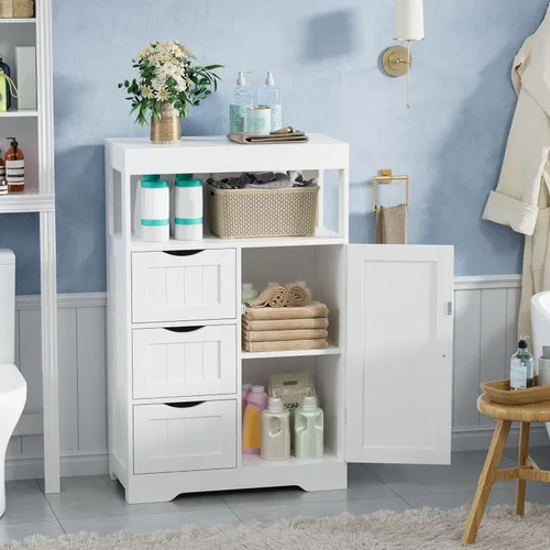 Miniatura 7 de JUMMICO Armario de suelo de baño, organizador de almacenamiento independiente de madera con 1 puerta y 3 cajones, armario de almacenamiento de baño