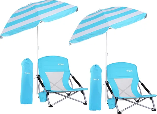 Silla de playa, sillas plegables, portátiles, sillas de playa con paraguas, sillas con sombra para adultos (paquete de 2 unidades), color azul
