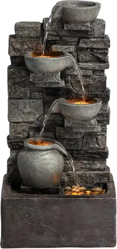 Teamson Home Fuente de agua en cascada de piedra apilada de 4 niveles para exteriores de 28.5 pulgadas con luces LED, gris