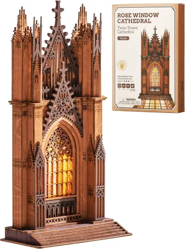 Miniatura 10 de Rolife Rompecabezas de madera 3D, modelo de arquitectura de catedral de geometría con luces LED, kit de construcción de manualidades para adultos