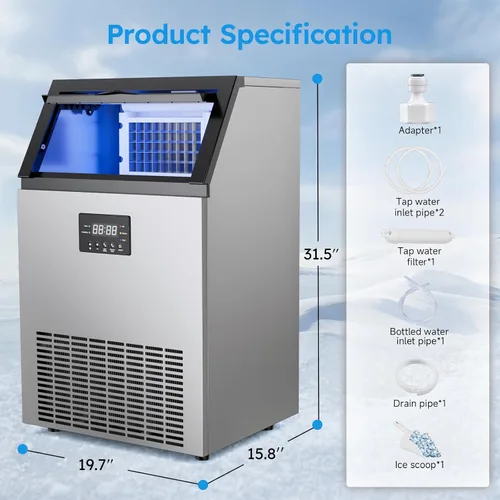 Miniatura 9 de Máquina comercial para hacer hielo – 150 libras/24 horas, máquina de hielo comercial con contenedor de almacenamiento de 50 libras, debajo