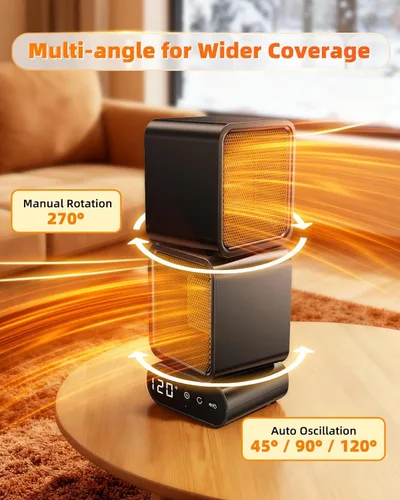 Miniatura 3 de Calentador portátil de doble cabezal, rotación manual de 270°, oscilación automática de 45°/90°/120°, calentador de escritorio de bajo consumo