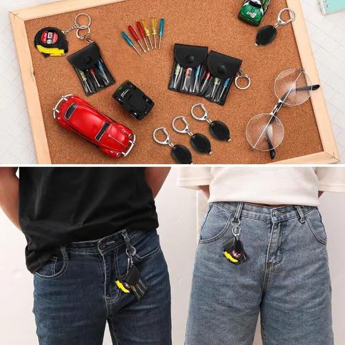 Miniatura 4 de Jutom Juego de 18 llaveros con mini destornillador, cinta métrica, luces LED, regalo para el día del padre, a granel para hombres adultos (colorido)