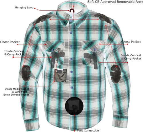 Miniatura 10 de Camisa de motociclista Milwaukee Leather para hombre, de franela a cuadros azul con armadura aprobada por CE reforzada con fibra de aramida MPM1634