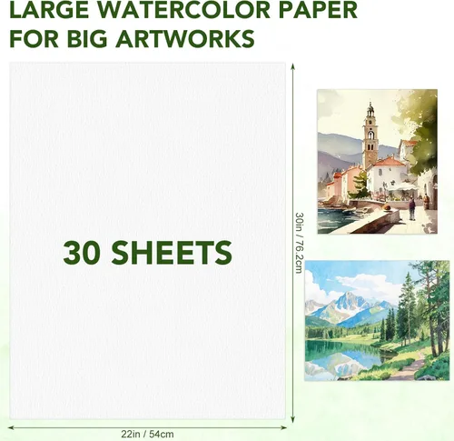Miniatura 2 de 30 hojas de papel de acuarela grande, papel de color de agua de prensa en frío de 22 x 30 pulgadas, 300 GSM, suministros de arte en blanco pesados