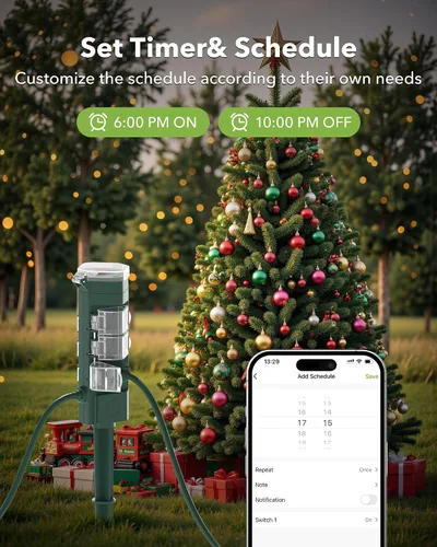 Miniatura 2 de HBN Enchufe inteligente para exteriores impermeable con 6 tomas, temporizador de estaca de alimentación WiFi de 6 pies, temporizador de salida al