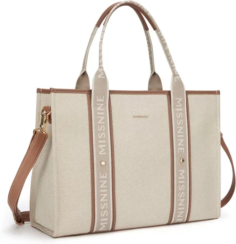 Missnine Bolsa de lona para laptop de 15.6 pulgadas, bolsa de hombro para profesores, maletín para viajes, oficina, escuela, marrón, beige,