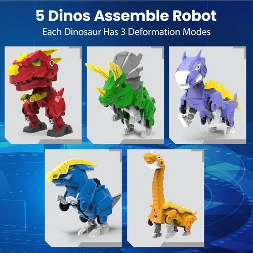 Miniatura 10 de Wenbeier - Juguetes de robot dinosaurio 5-en-1 transformables que incluyen 5 figuras de acción de dinosaurio - Construye y combina en un guerrero