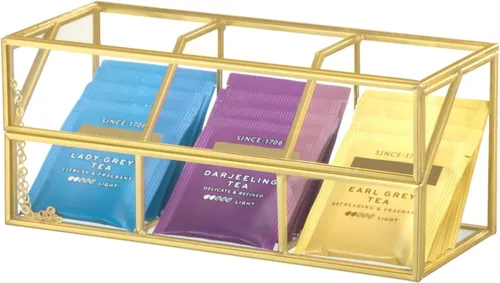 NCYP Organizador de bolsas de té de vidrio con tapa, caja de almacenamiento pequeña de 3 ranuras para bolsitas de té, vitrina de mostrador interior,