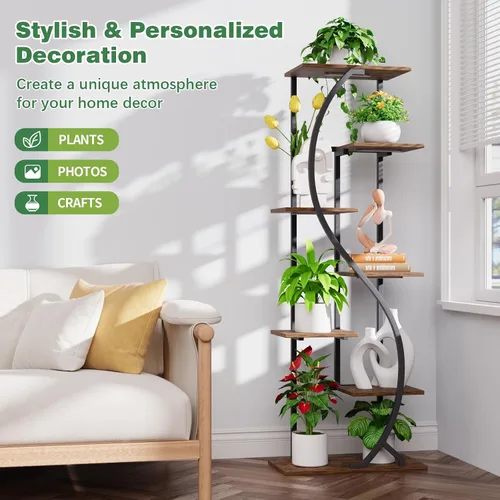 Miniatura 5 de MJOMKN Soporte alto para plantas de 59" con luz de crecimiento para interior, estante de metal de 7 niveles, soporte de exhibición de flores