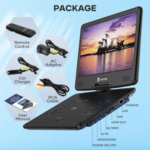 Miniatura 7 de WONNIE Reproductor Blu Ray portátil de 16.9 pulgadas con pantalla giratoria grande Full HD de 14.1 pulgadas 1080P, reproductor de DVD Blu-ray