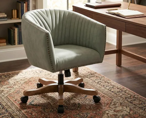 Silla de escritorio de piel sintética verde, silla de escritorio tapizada giratoria con brazo ajustable con cabezas de clavos, cómoda silla de