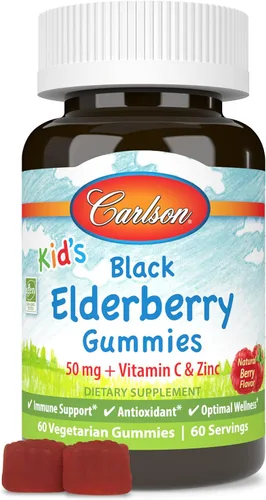 Carlson - Gomitas de saúco negro para niños. con vitamina C y zinc, apoyo inmunológico, 60 gomitas