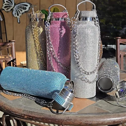 Miniatura 4 de Botella de agua plateada con 5000 diamantes de imitación de purpurina y cadena cruzada, vaso de acero inoxidable de 25 onzas con aislamiento al Plata