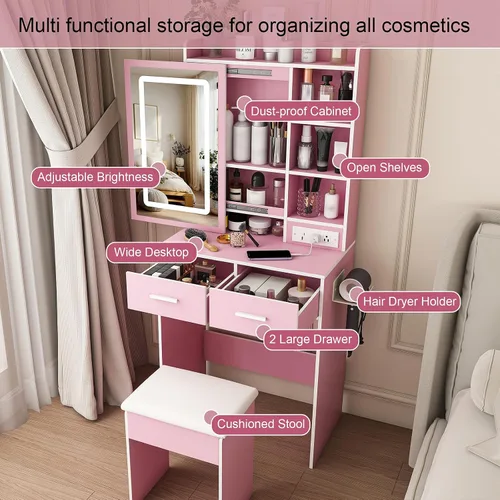 Miniatura 3 de Escritorio de tocador para adolescentes con espejo y luces, pequeña mesa de tocador con espejo deslizante, mini tocador de maquillaje con cajones