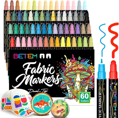 Betem Marcadores de pintura acrílica de doble punta de 60 colores, kits de decoración de tela, marcadores de pintura acrílica a base de agua prémium