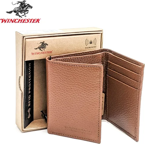 Miniatura 5 de Winchester Billeteras Trifold para hombres de cuero de vaca de grano completo RFID bloqueo con ventana de identificación cartera compacta