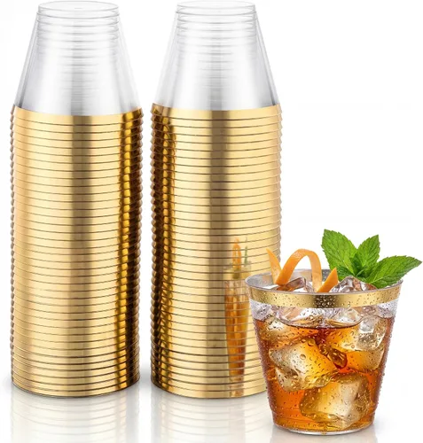 Hioasis 100 vasos de plástico transparente de 9 onzas con ribete dorado, vasos desechables de plástico, resistentes y sin BPA para fiestas, bodas,