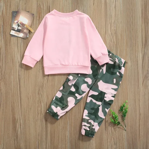 Miniatura 109 de Mandizy Conjunto de ropa de otoño para bebé niña pequeña, sudadera de manga larga con estampado de letras bendecidas, pantalones de camuflaje