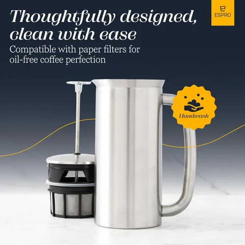 Miniatura 9 de ESPRO P7 Prensa Francesa de Acero Inoxidable Cepillado 304 – Cafetera de Prensa Francesa Aislada de Doble Pared con Micro-Filtro Patentado