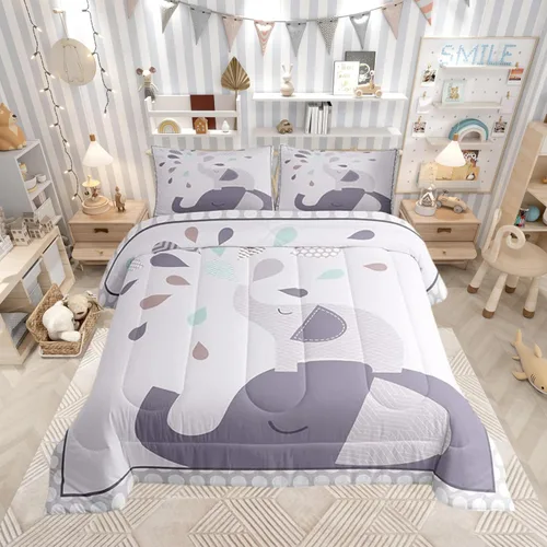 Miniatura 8 de Lindo Juego de Edredón de Elefante Juego de Ropa de Cama de Animales de Dibujos Animados para Niños Niñas Mujeres Adultos Edredón de Hojas