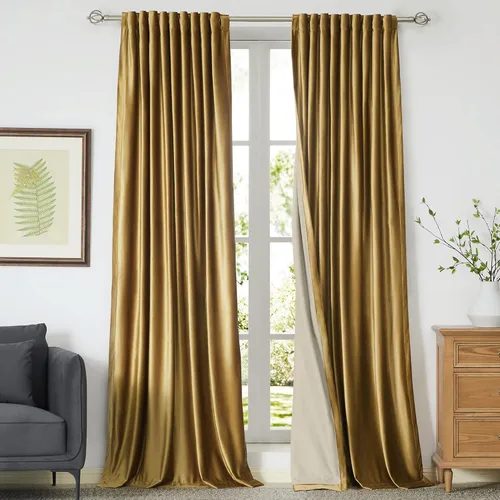 Cortinas opacas de terciopelo dorado de 108 pulgadas para sala de estar, totalmente opacas, elegantes, 2 paneles con pestaña trasera, aislamiento