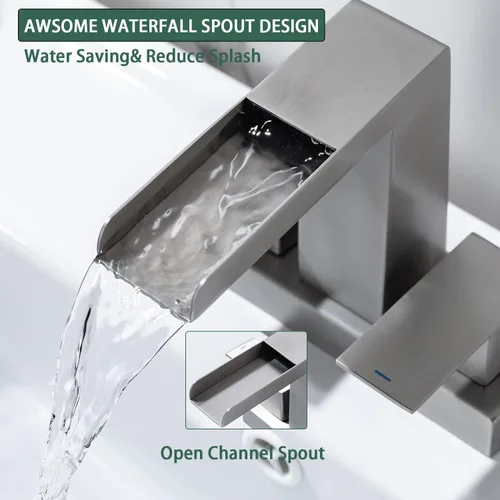 Miniatura 6 de Grifo de lavabo de lavabo de 4 pulgadas con cascada de 3 agujeros, grifo de lavabo moderno con desagüe desplegable de desbordamiento, níquel Níquel