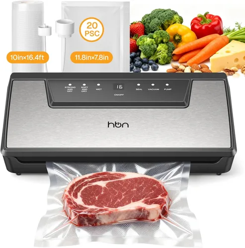 HBN Sellador al vacío para máquina selladora al vacío de alimentos, sellador de alimentos de acero inoxidable SUS, cortador integrado y Negro