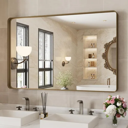 Miniatura 61 de WEER - Espejo de baño dorado, espejo de 40x32 pulgadas con marco de metal dorado cepillado, espejo de tocador de baño de oro para pared