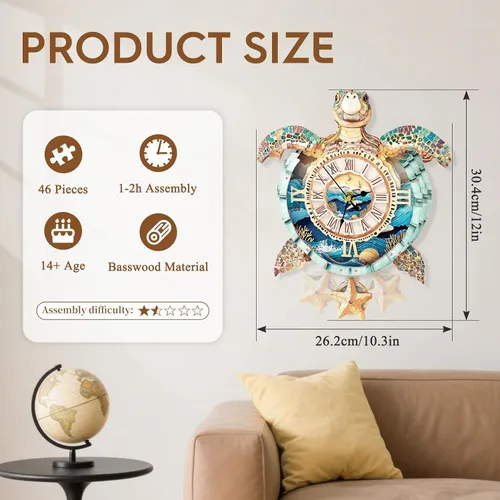 Miniatura 7 de Rompecabezas 3D para adultos, diseño de tortuga, kit de modelo, reloj mecánico de péndulo con números romanos, decoración de escritorio, hogar
