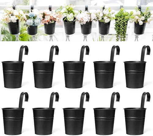 Miniatura 9 de Dahey 10 macetas colgantes de metal y hierro para barandilla, balcón, jardín, decoración del hogar, soportes para flores con ganchos desmontables