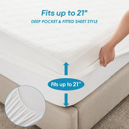 Miniatura 4 de Cozymaker Protector de colchón 100% impermeable, tamaño individual, funda de colchón refrescante ajustable de 8 a 21 pulgadas, bolsillo profundo