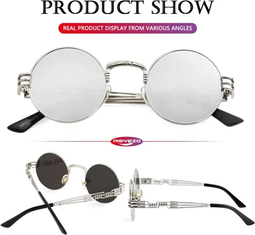 Miniatura 5 de AIEYEZO Gafas de sol redondas steampunk Circle Lennon Hippie, marco de metal, lente de bloqueo UV 100%