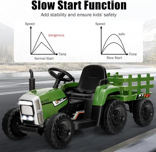 Miniatura 9 de Costzon Tractor de paseo con remolque desmontable, vehículos eléctricos para niños con cargador de tierra de cambio de 3 marchas, diseño inalámbrico
