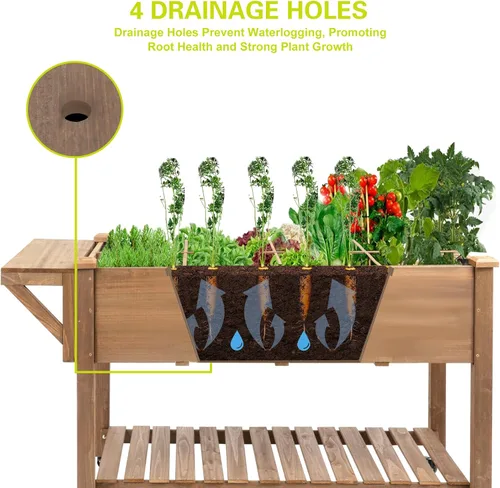 Miniatura 4 de Gowoodhut Cama de jardín elevada, maceta de jardín de hierbas al aire libre con ruedas bloqueables, estante de almacenamiento, forro protector