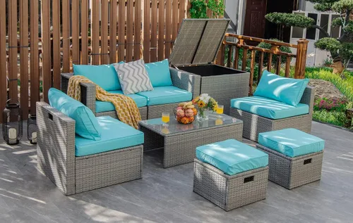 Miniatura 11 de Tangkula Patiojoy - Juego de muebles de patio de 8 piezas, sofá seccional de ratán PE para 6 personas con funda impermeable, para jardín, cubierta